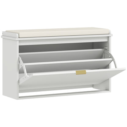 Bancă Scarpieră cu Raft Intern, din Lemn și Țesătură cu Efect de In, 80x26x47.5 cm, Alb și Bej