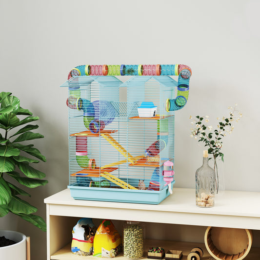 Gabbia per Criceti a 5 Piani con Tubi Colorati, Ruota, Casetta e Accessori, 47x30x59 cm, Azzurro