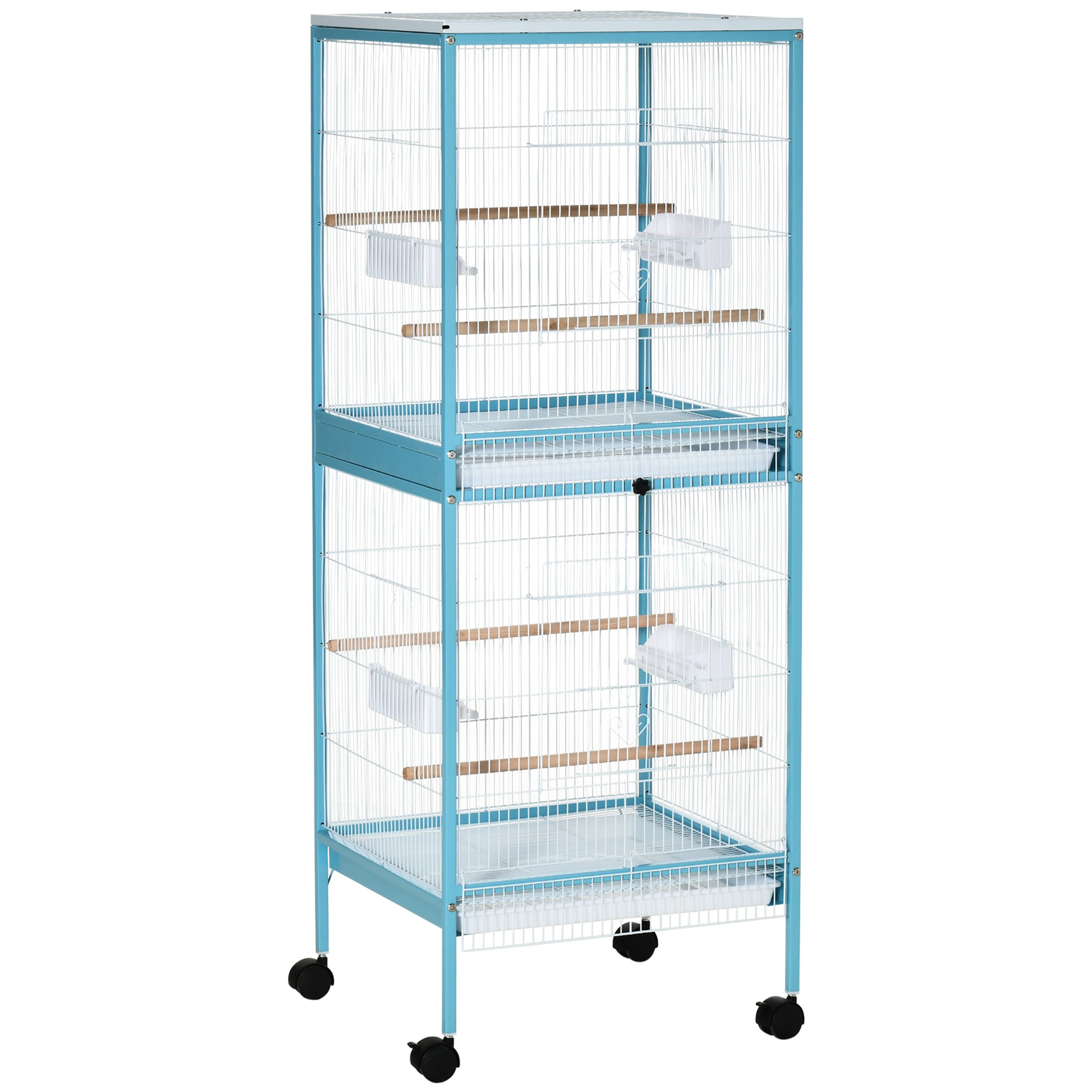 Colivie pentru Pasari 2 in 1 Voliera pentru Interior cu 4 Roti Pivotante, Tavi Detasabile si Recipiente din plastic, 51,5x50x140cm, Albastra