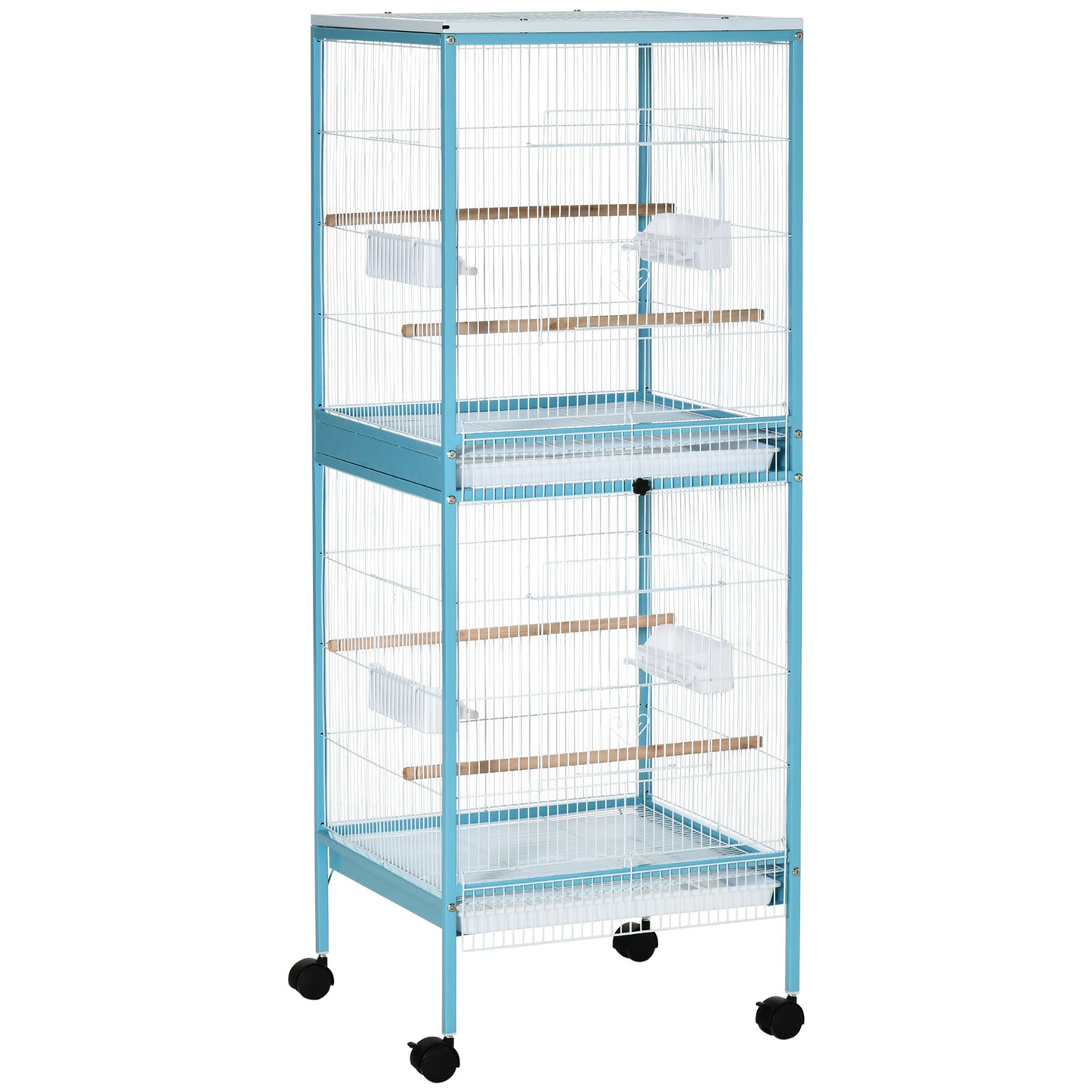 Colivie pentru Pasari 2 in 1 Voliera pentru Interior cu 4 Roti Pivotante, Tavi Detasabile si Recipiente din plastic, 51,5x50x140cm, Albastra