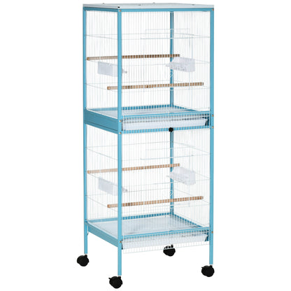 Colivie pentru Pasari 2 in 1 Voliera pentru Interior cu 4 Roti Pivotante, Tavi Detasabile si Recipiente din plastic, 51,5x50x140cm, Albastra