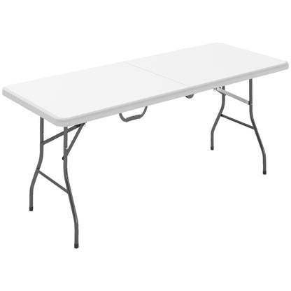 Masă de Camping Pliabilă cu Mâner, Cadru Metalic și Blat din Plastic, 180x74x74 cm, Alb