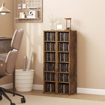 Set 2 Rafturi pentru CD-uri cu Polițe Reglabile pentru 204 CD-uri din Lemn, 21x22,5x88,5 cm, Maro Rustic