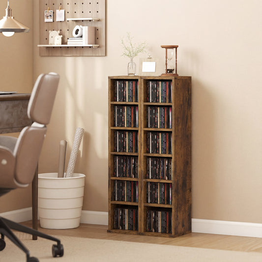 Set 2 Rafturi pentru CD-uri cu Polițe Reglabile pentru 204 CD-uri din Lemn, 21x22,5x88,5 cm, Maro Rustic