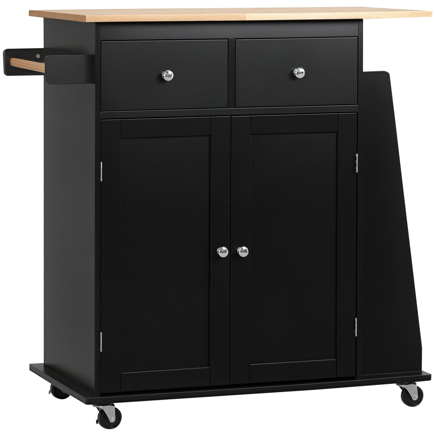 Cărucior de Bucătărie cu Dulap, 2 Sertare și Suport pentru Condimente, Insulă de Bucătărie din Lemn, 89x45x89.5cm, Negru
