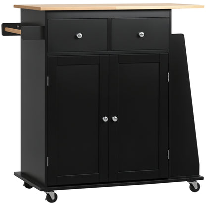 Cărucior de Bucătărie cu Dulap, 2 Sertare și Suport pentru Condimente, Insulă de Bucătărie din Lemn, 89x45x89.5cm, Negru