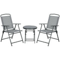 Set de Exterior din 3 Piese cu Masă cu Blat din Sticlă și 2 Scaune Pliabile din Plasă, Ф45x50 cm, Gri Deschis