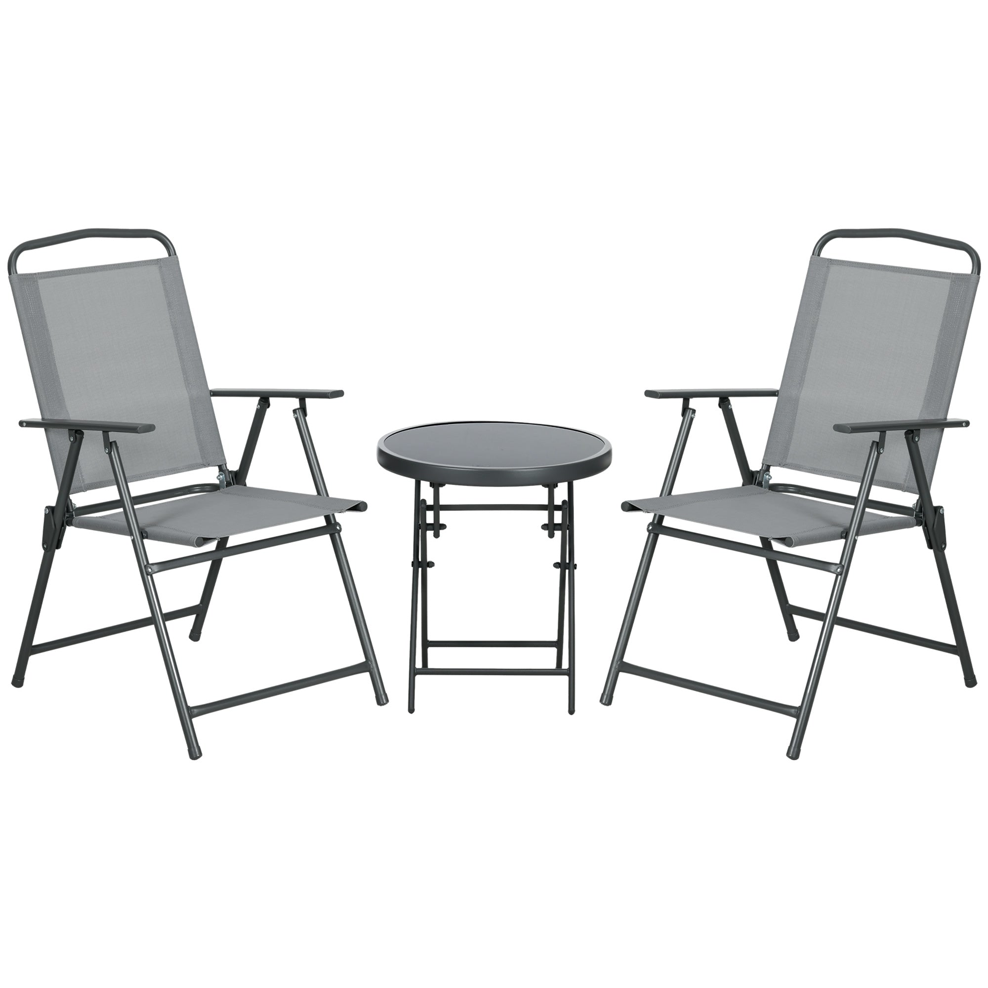 Set de Exterior din 3 Piese cu Masă cu Blat din Sticlă și 2 Scaune Pliabile din Plasă, Ф45x50 cm, Gri Deschis