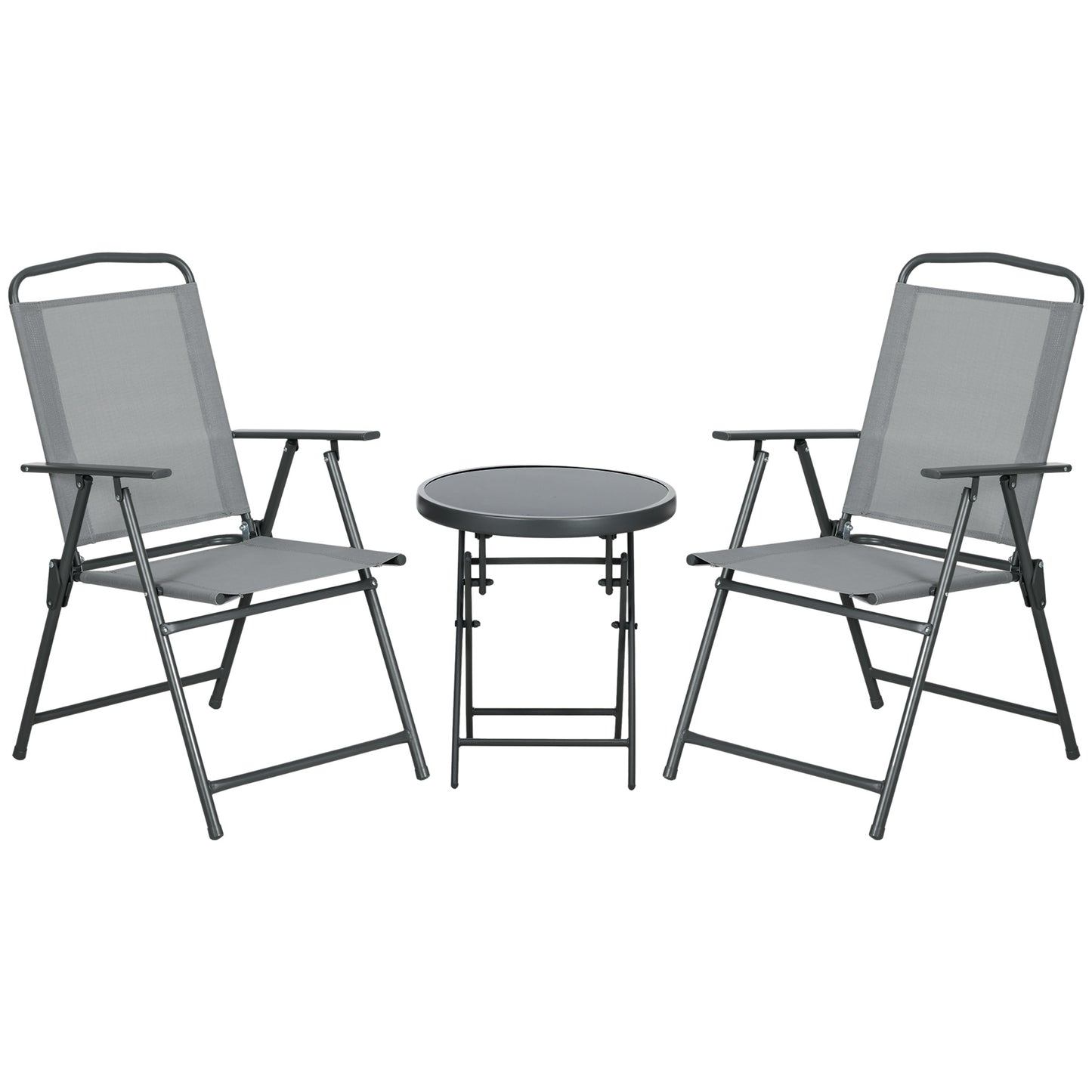 Set de Exterior din 3 Piese cu Masă cu Blat din Sticlă și 2 Scaune Pliabile din Plasă, Ф45x50 cm, Gri Deschis