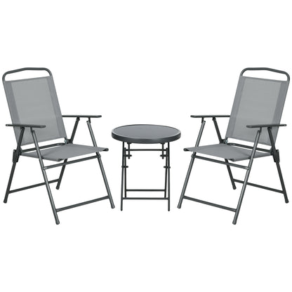 Set de Exterior din 3 Piese cu Masă cu Blat din Sticlă și 2 Scaune Pliabile din Plasă, Ф45x50 cm, Gri Deschis
