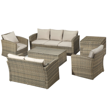 Set de mobilier de gradina din ratan de 6 piese, canapea si 2 fotolii tapitate pentru 7 persoane, bej