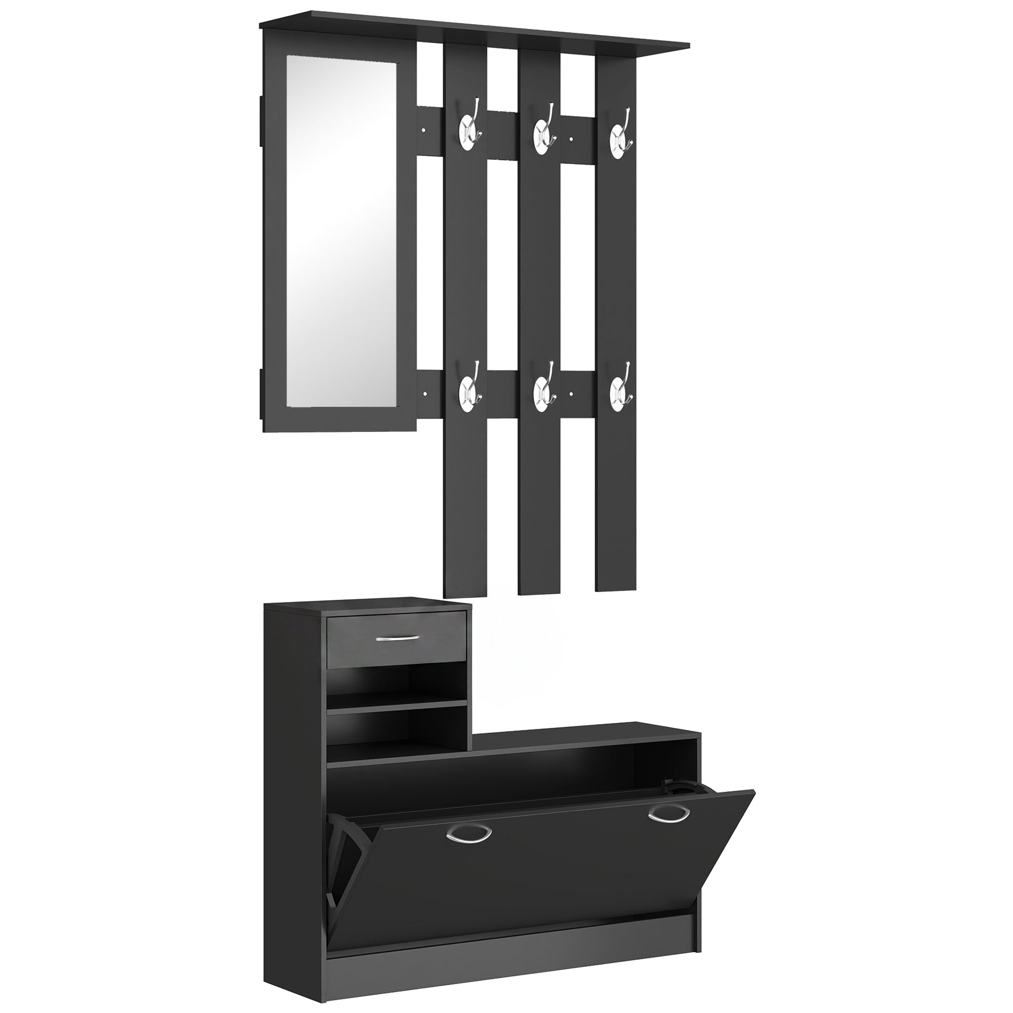 Mobilier de hol cu cuier, pantofar, oglindă, din PAL, 90x10x102 cm, negru