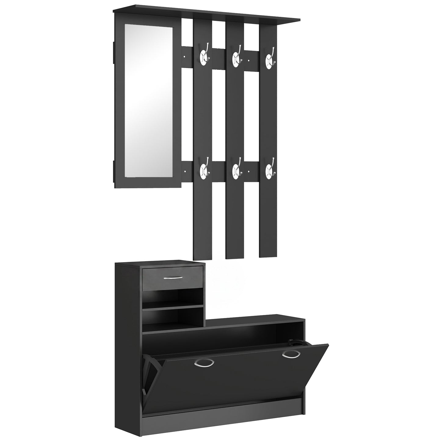 Mobilier de hol cu cuier, pantofar, oglindă, din PAL, 90x10x102 cm, negru