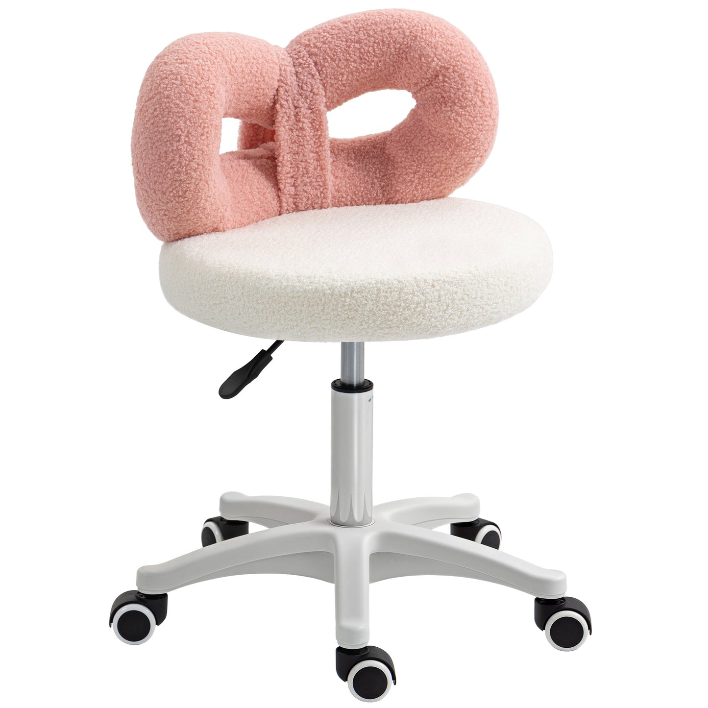 Scaun rotativ cu înălțime reglabilă, cu spătar curbat, din material Teddy, 50x50x63-77 cm, alb și roz