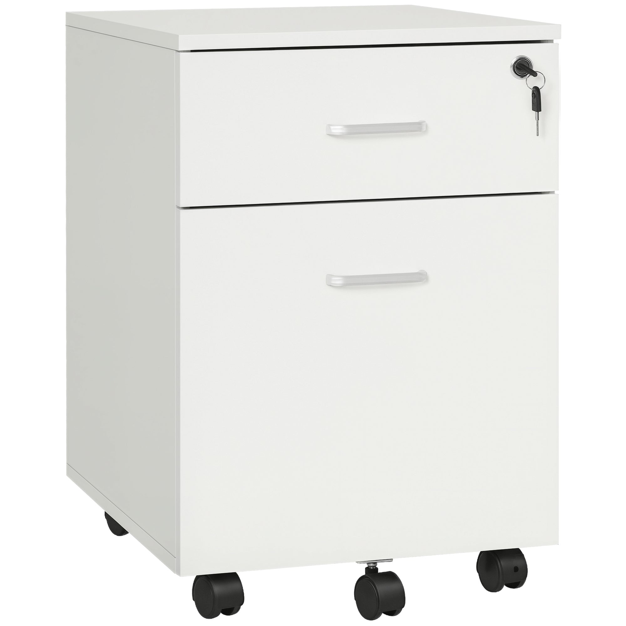 Fiset Birou cu 2 Sertare cu 5 Roti, Dulapior de Birou din PAL cu Incuietoare, 40x49x58 cm, culoare Lemn