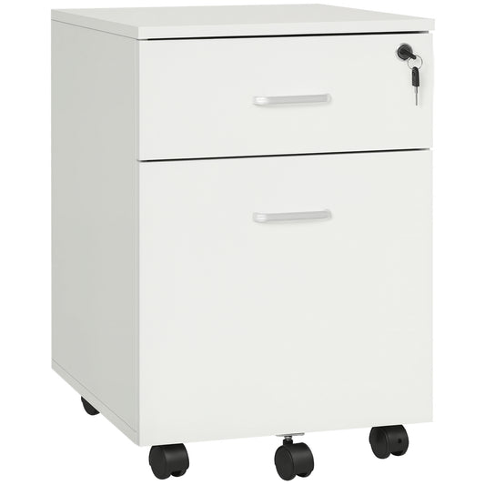 Fiset Birou cu 2 Sertare cu 5 Roti, Dulapior de Birou din PAL cu Incuietoare, 40x49x58 cm, culoare Lemn