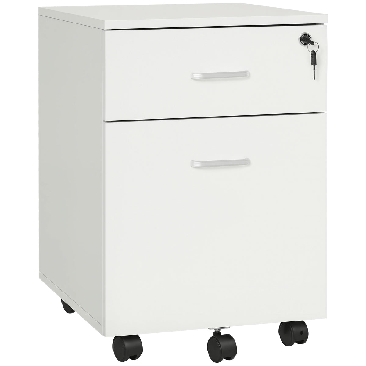Fiset Birou cu 2 Sertare cu 5 Roti, Dulapior de Birou din PAL cu Incuietoare, 40x49x58 cm, culoare Lemn