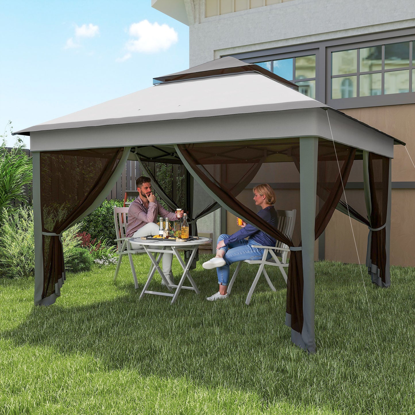 Gazebo  cu Plase Reglabil pe 3 Nivele, din Oțel și Material Oxford, 326x326x272 cm, Gri Deschis și Închis