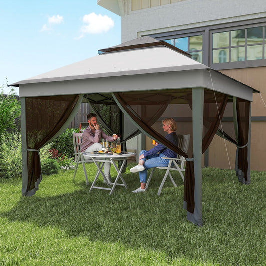 Gazebo  cu Plase Reglabil pe 3 Nivele, din Oțel și Material Oxford, 326x326x272 cm, Gri Deschis și Închis