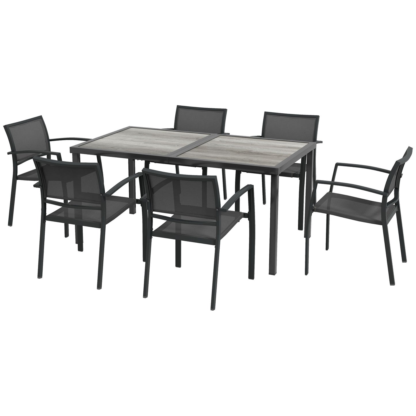 Set de Grădină cu 6 Scaune Stivuibile din Material Textil de Plasă și Masă cu Aspect de Lemn, Gri