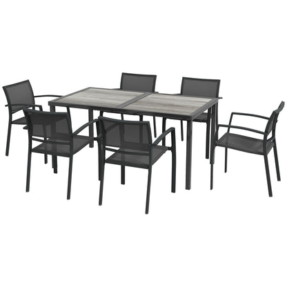 Set de Grădină cu 6 Scaune Stivuibile din Material Textil de Plasă și Masă cu Aspect de Lemn, Gri