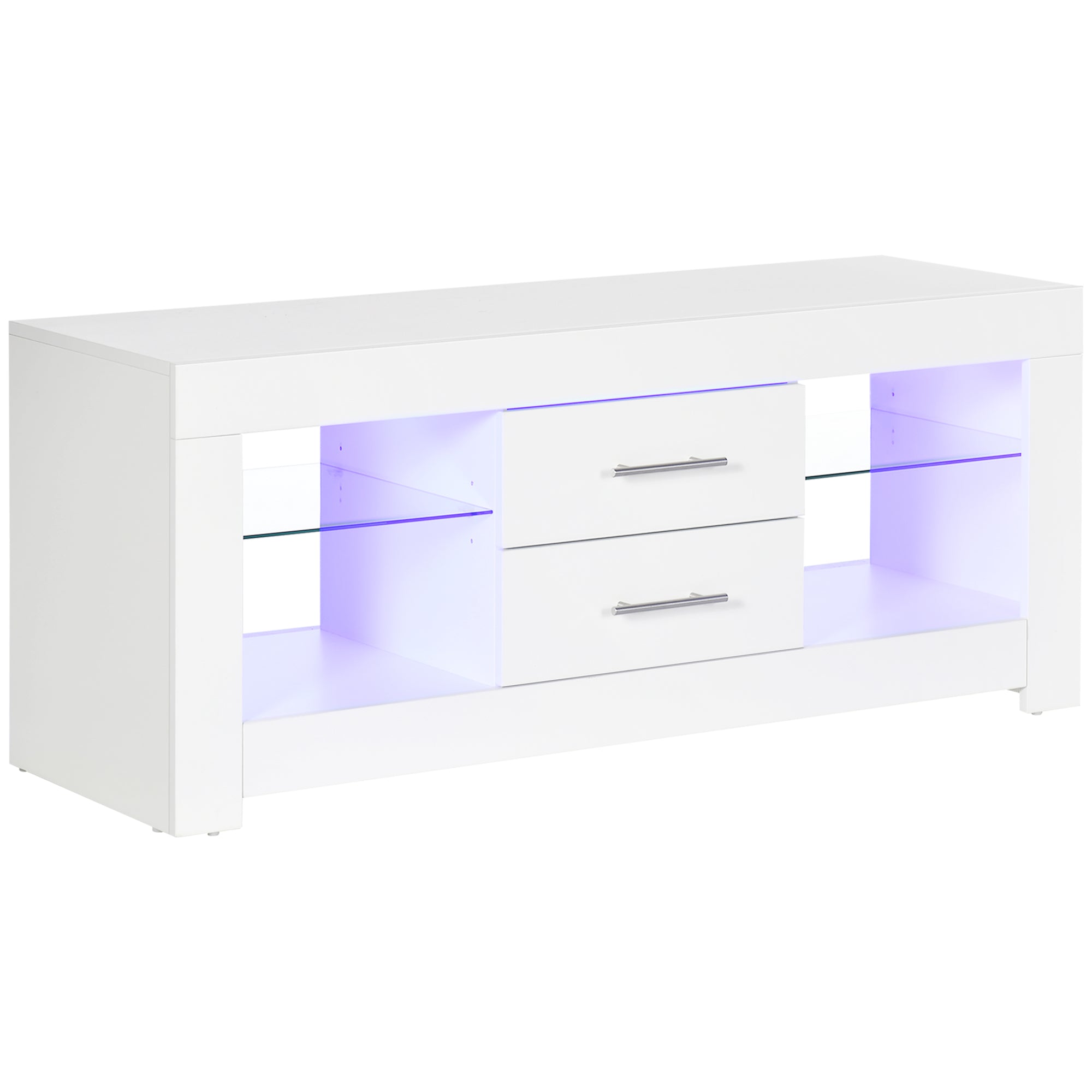 Comoda TV cu LED RGB – 55”, Etajere Sticla & Telecomanda, 12 Culori, 10W