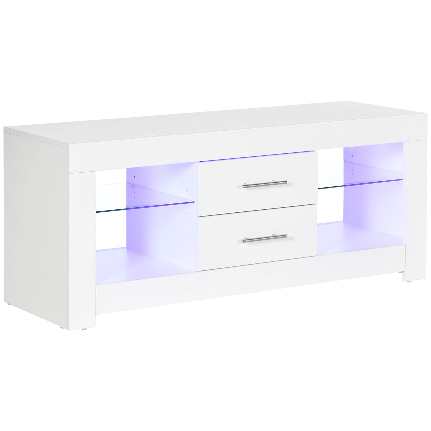 Comoda TV cu LED RGB – 55”, Etajere Sticla & Telecomanda, 12 Culori, 10W