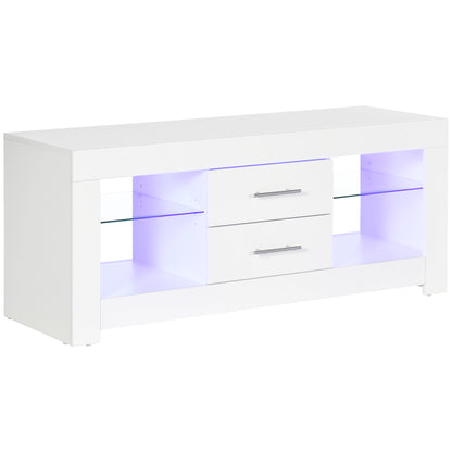 Comoda TV cu LED RGB – 55”, Etajere Sticla & Telecomanda, 12 Culori, 10W