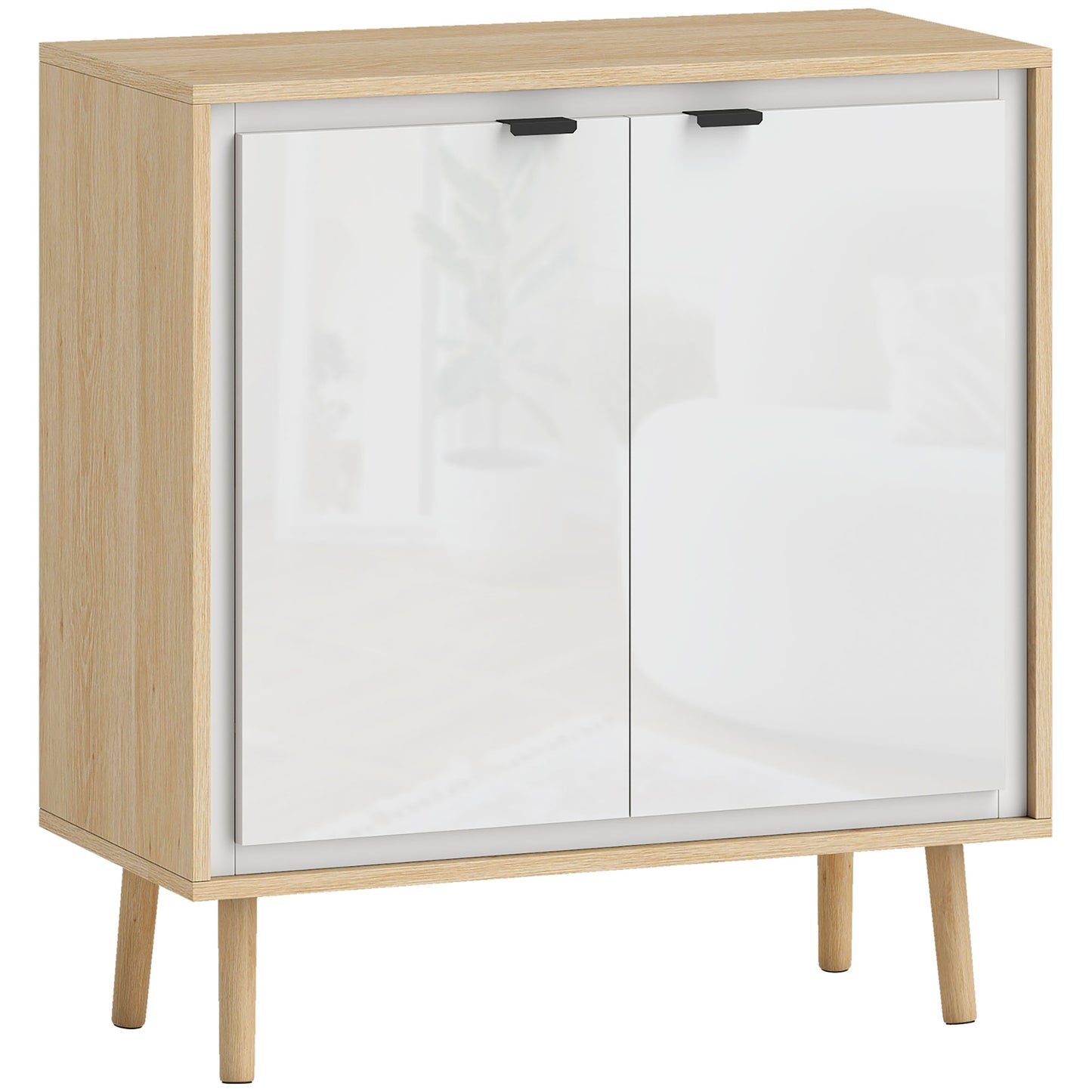Dulap Modern cu 2 Uși și Raft Reglabil, 72x35x77 cm, Alb Lucios și Stejar
