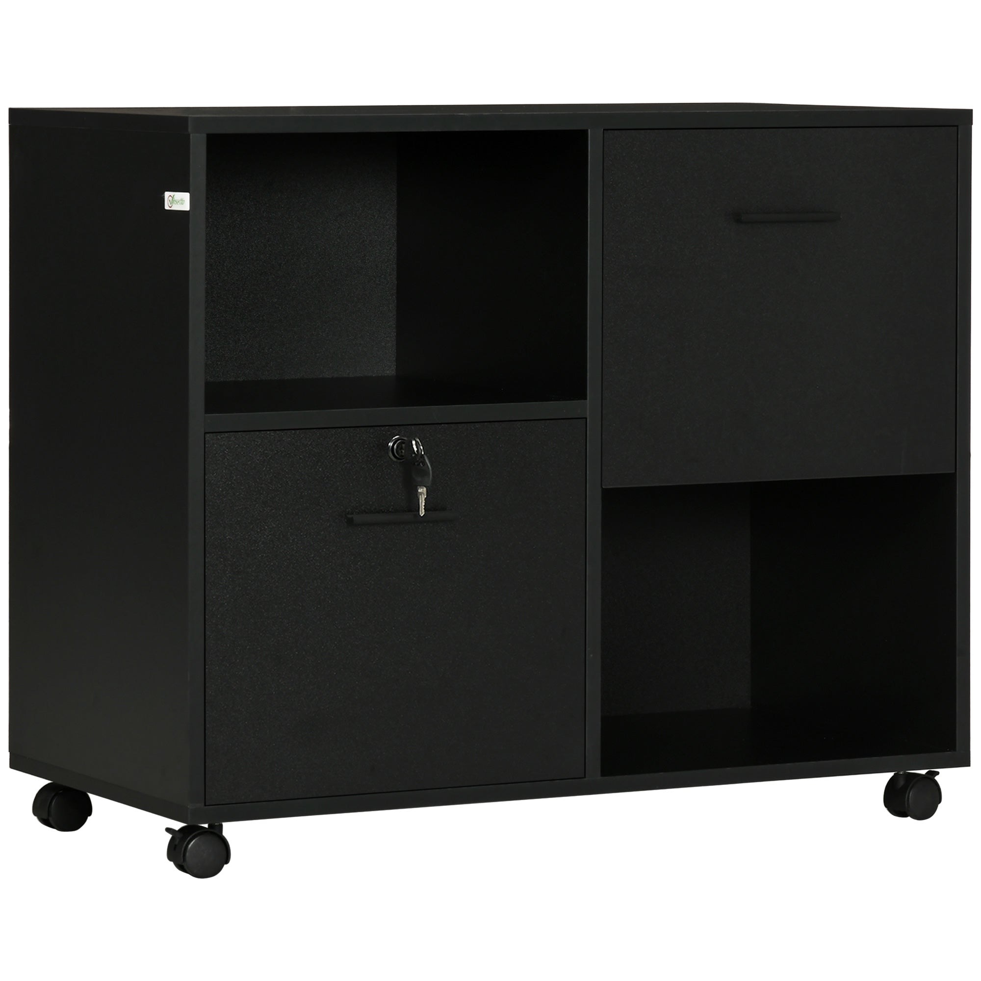 Dulap de Birou cu 2 Sertare pentru Dosare si Rafturi Deschise din PAL, Manere din Otel, Roti cu Blocare, 80x40x66cm, Negru