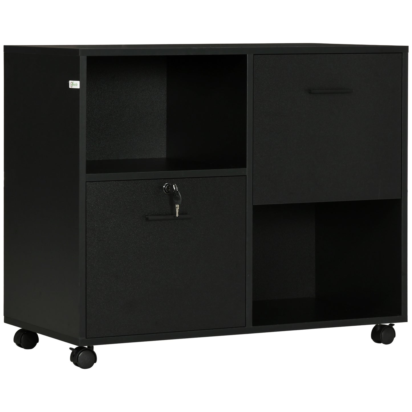Dulap de Birou cu 2 Sertare pentru Dosare si Rafturi Deschise din PAL, Manere din Otel, Roti cu Blocare, 80x40x66cm, Negru