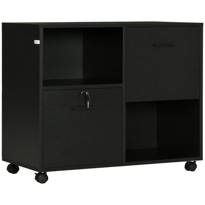 Dulap de Birou cu 2 Sertare pentru Dosare si Rafturi Deschise din PAL, Manere din Otel, Roti cu Blocare, 80x40x66cm, Negru