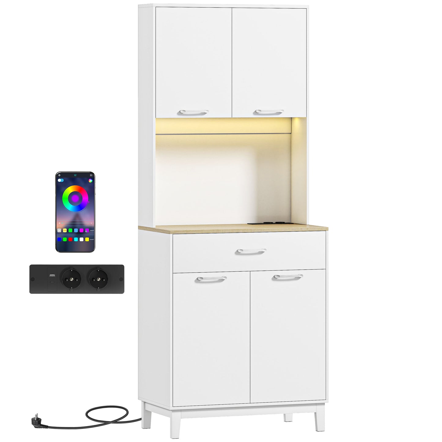 Comodă modernă cu lumini LED, prize electrice și USB, 2 dulapuri și sertar, 71x40x180 cm, alb