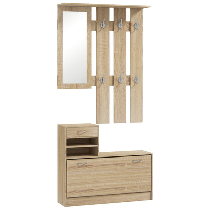 Cuier 3 în 1 cu Suport pentru Pantofi și Oglindă, Cârlige și Sertare, din Lemn, 90x24x177 cm, Culoare Stejar