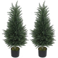 Set 2 Plante Artificiale de Chiparos cu 362 Frunze și Ghiveci cu Ciment și Mușchi, Plante Rezistente la UV, Ø40x90 cm, Verde