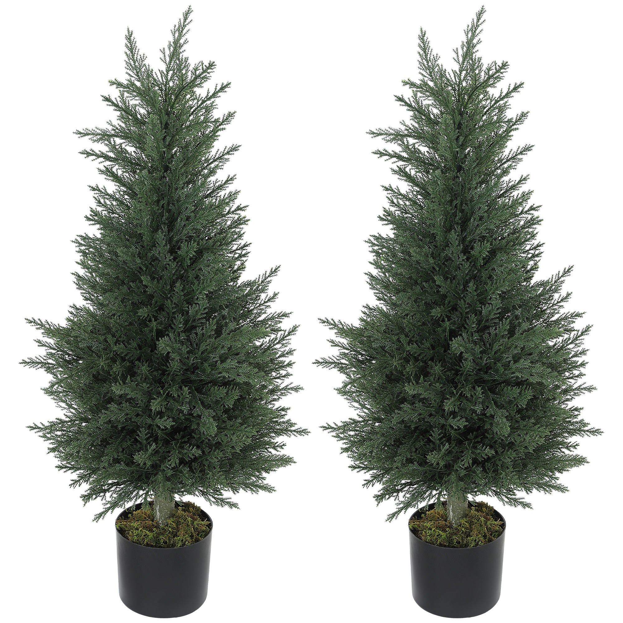Set 2 Plante Artificiale de Chiparos cu 362 Frunze și Ghiveci cu Ciment și Mușchi, Plante Rezistente la UV, Ø40x90 cm, Verde