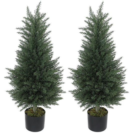 Set 2 Plante Artificiale de Chiparos cu 362 Frunze și Ghiveci cu Ciment și Mușchi, Plante Rezistente la UV, Ø40x90 cm, Verde