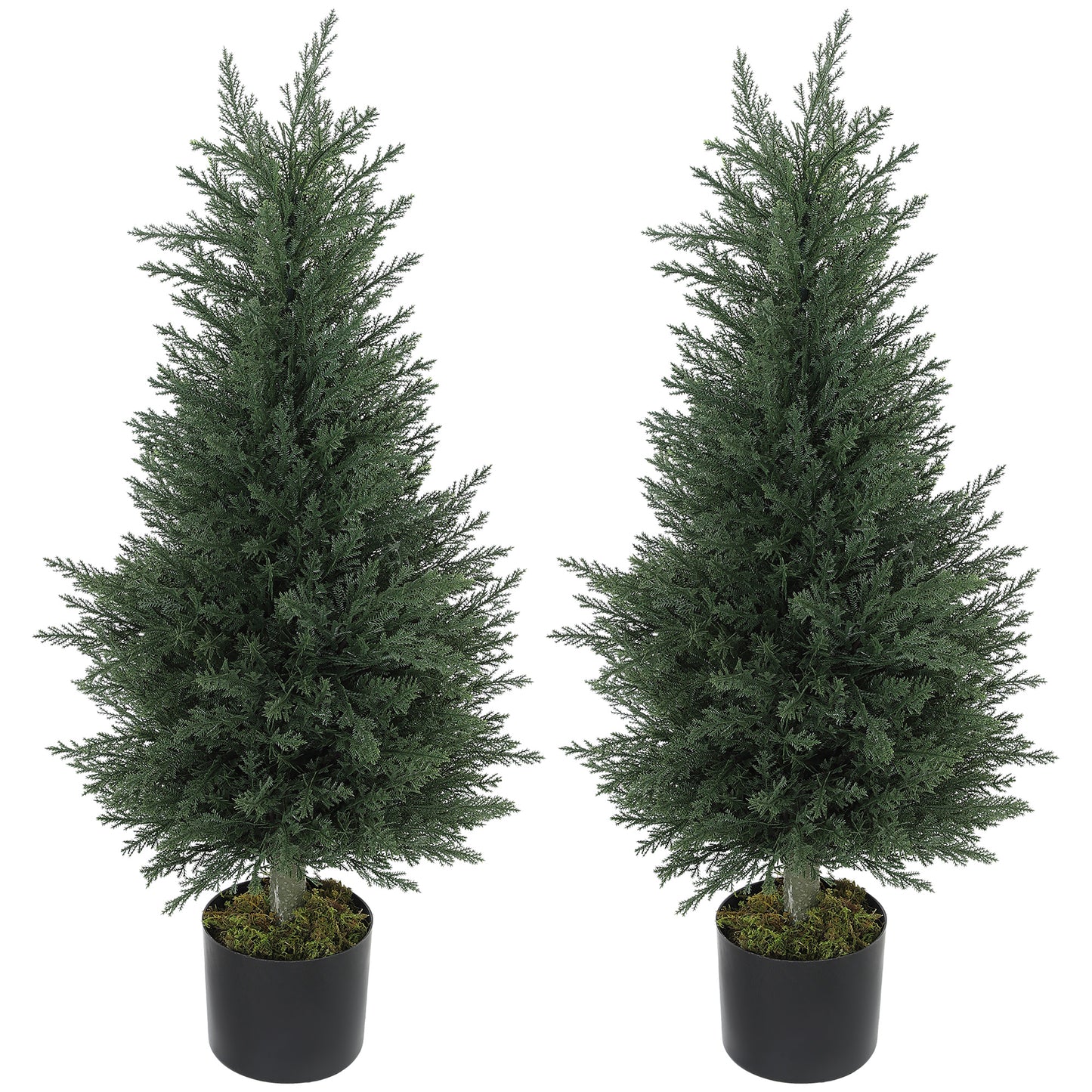 Set 2 Plante Artificiale de Chiparos cu 362 Frunze și Ghiveci cu Ciment și Mușchi, Plante Rezistente la UV, Ø40x90 cm, Verde