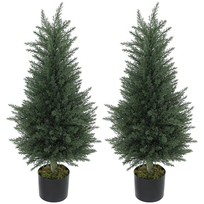 Set 2 Plante Artificiale de Chiparos cu 362 Frunze și Ghiveci cu Ciment și Mușchi, Plante Rezistente la UV, Ø40x90 cm, Verde