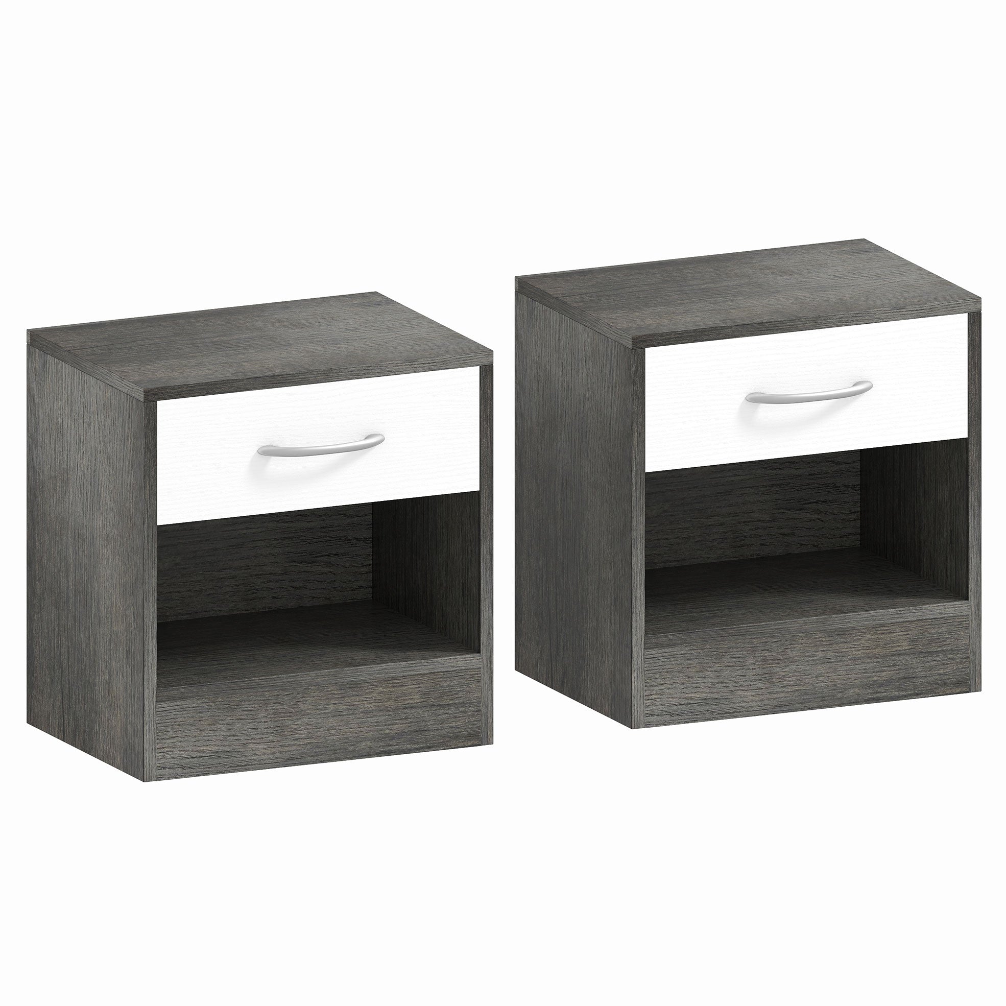 Set de 2 Noptiere Moderne cu Raft Deschis și Sertar, din Lemn, 39x28x41 cm, Alb și Gri Închis