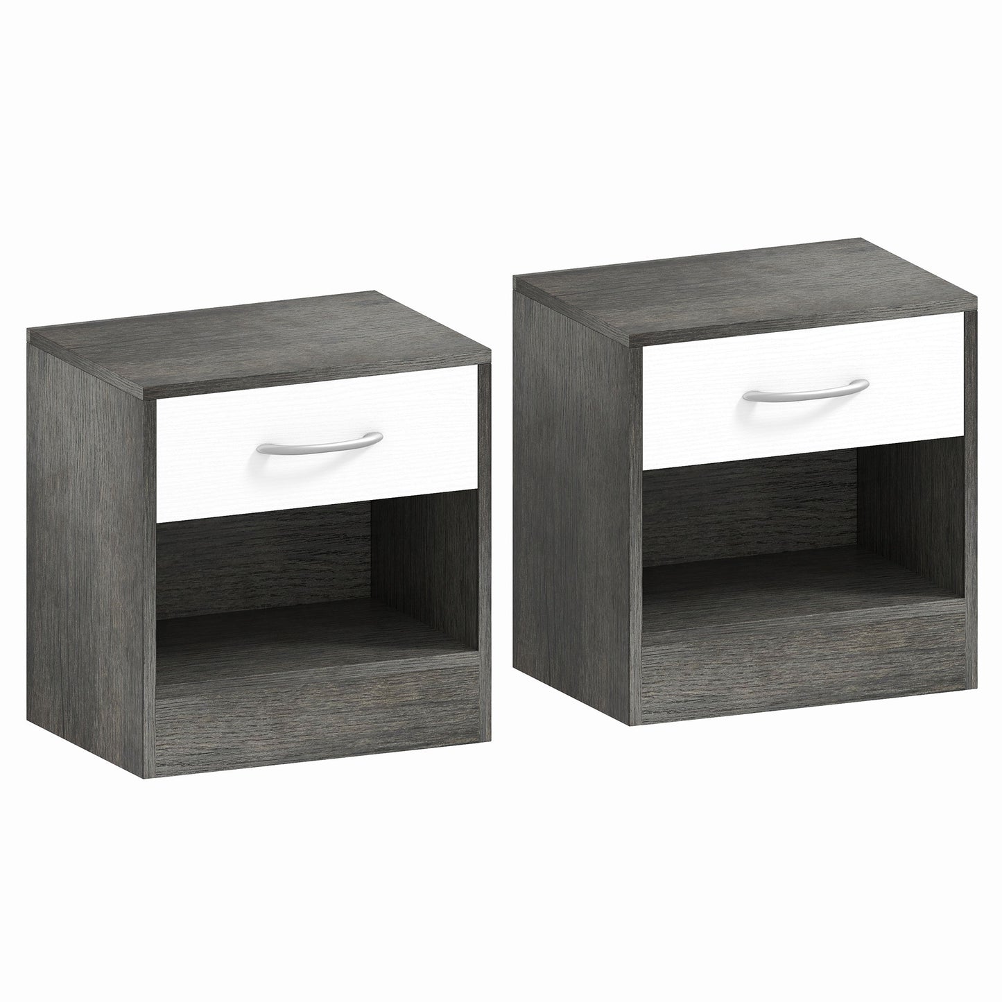 Set de 2 Noptiere Moderne cu Raft Deschis și Sertar, din Lemn, 39x28x41 cm, Alb și Gri Închis