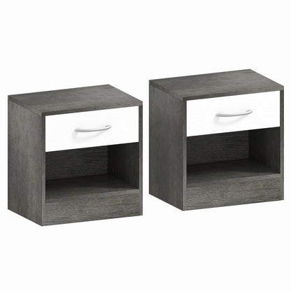 Set de 2 Noptiere Moderne cu Raft Deschis și Sertar, din Lemn, 39x28x41 cm, Alb și Gri Închis