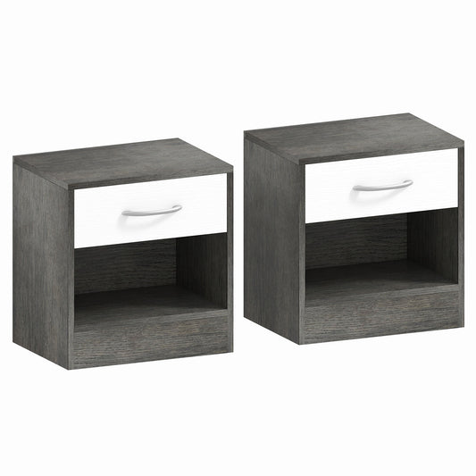 Set de 2 Noptiere Moderne cu Raft Deschis și Sertar, din Lemn, 39x28x41 cm, Alb și Gri Închis