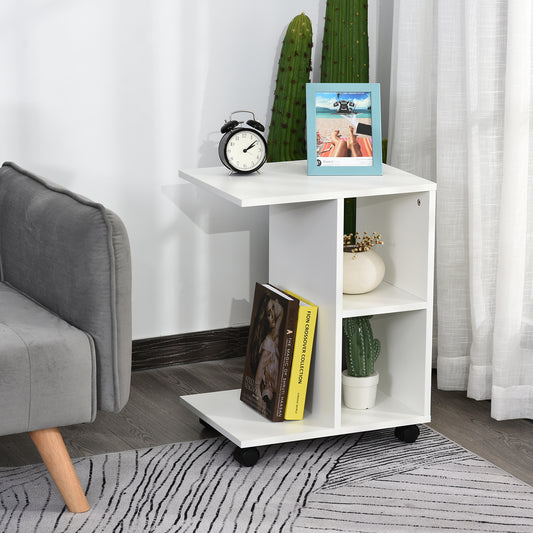 Masa Living cu 2 rafturi deschise si 4 roti pivotante, MDF, 45x35x58cm, alb