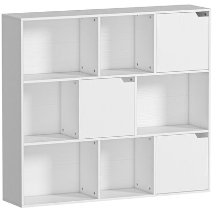 Bibliotecă modulară cu 6 secțiuni deschise și 3 închise, din lemn alb, 106x24x95 cm