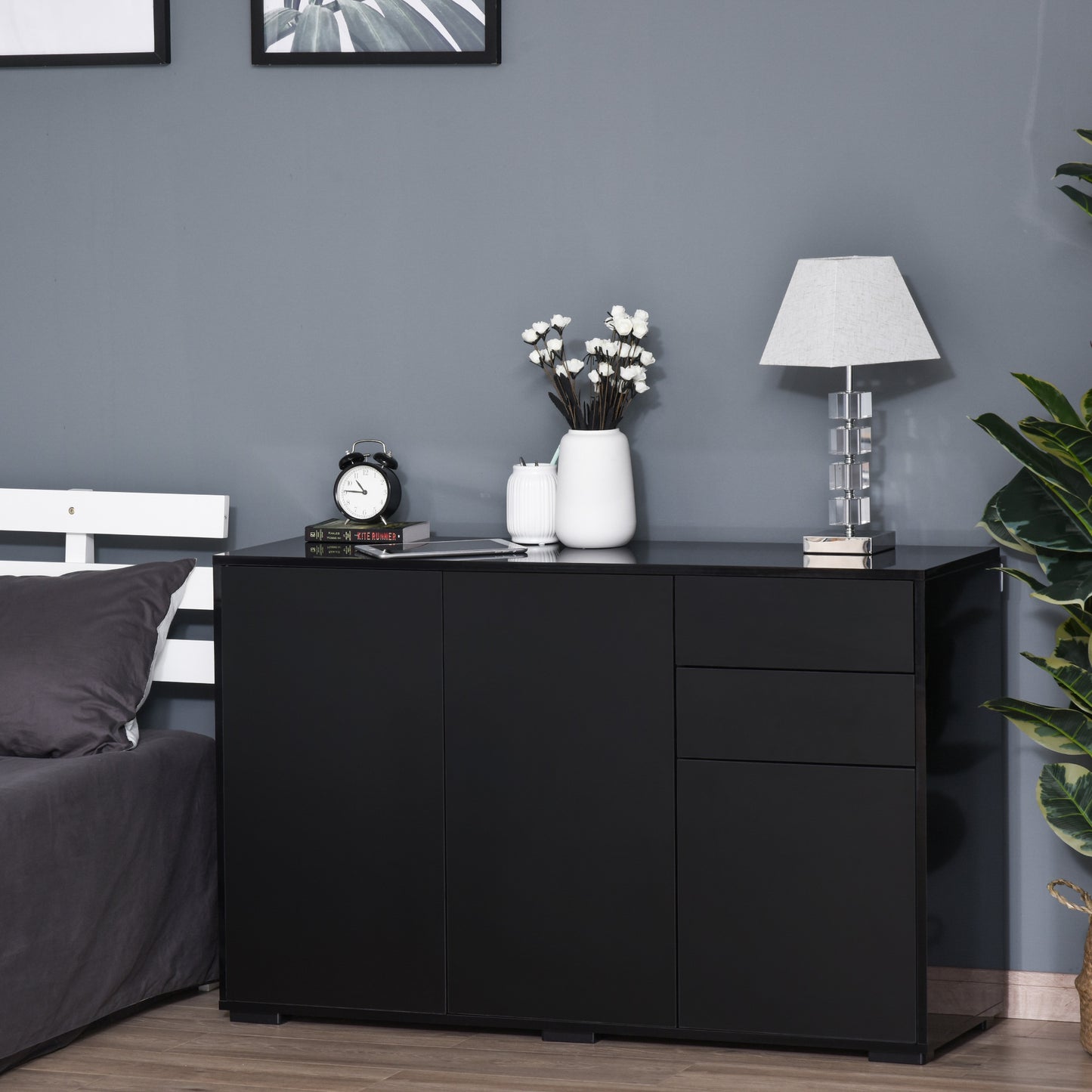 Dulap multifunctional negru  cu 2 sertare si 2 dulapuri cu apasare, 117x36x74cm