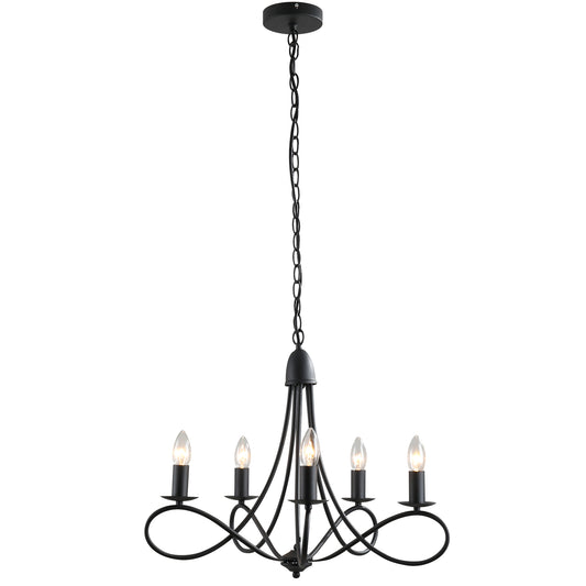Candelabru Suspendat si Impletit pentru Tavan, Lustra din Otel cu 5 Sfesnice, Plafoniera suspendata, 158x45Hcm Negru
