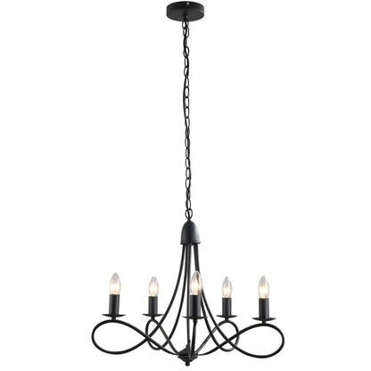 Candelabru Suspendat si Impletit pentru Tavan, Lustra din Otel cu 5 Sfesnice, Plafoniera suspendata, 158x45Hcm Negru