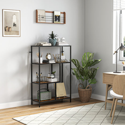 Bibliotecă cu 4 Rafturi Stil Industrial din Lemn și Metal, 77x30x116 cm, Maro Rustic