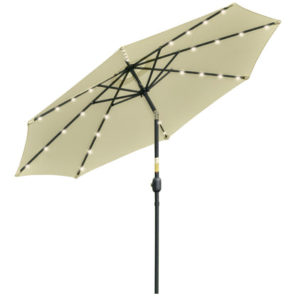 Umbrelă de Grădină Inclinabilă Ø265 cm cu 32 Luminile LED Solare și Manivelă, Umbrelă de Exterior cu 8 Spițe, din Oțel, Poliester, pentru Patio, Curte, Balcon, Terasă, Bej